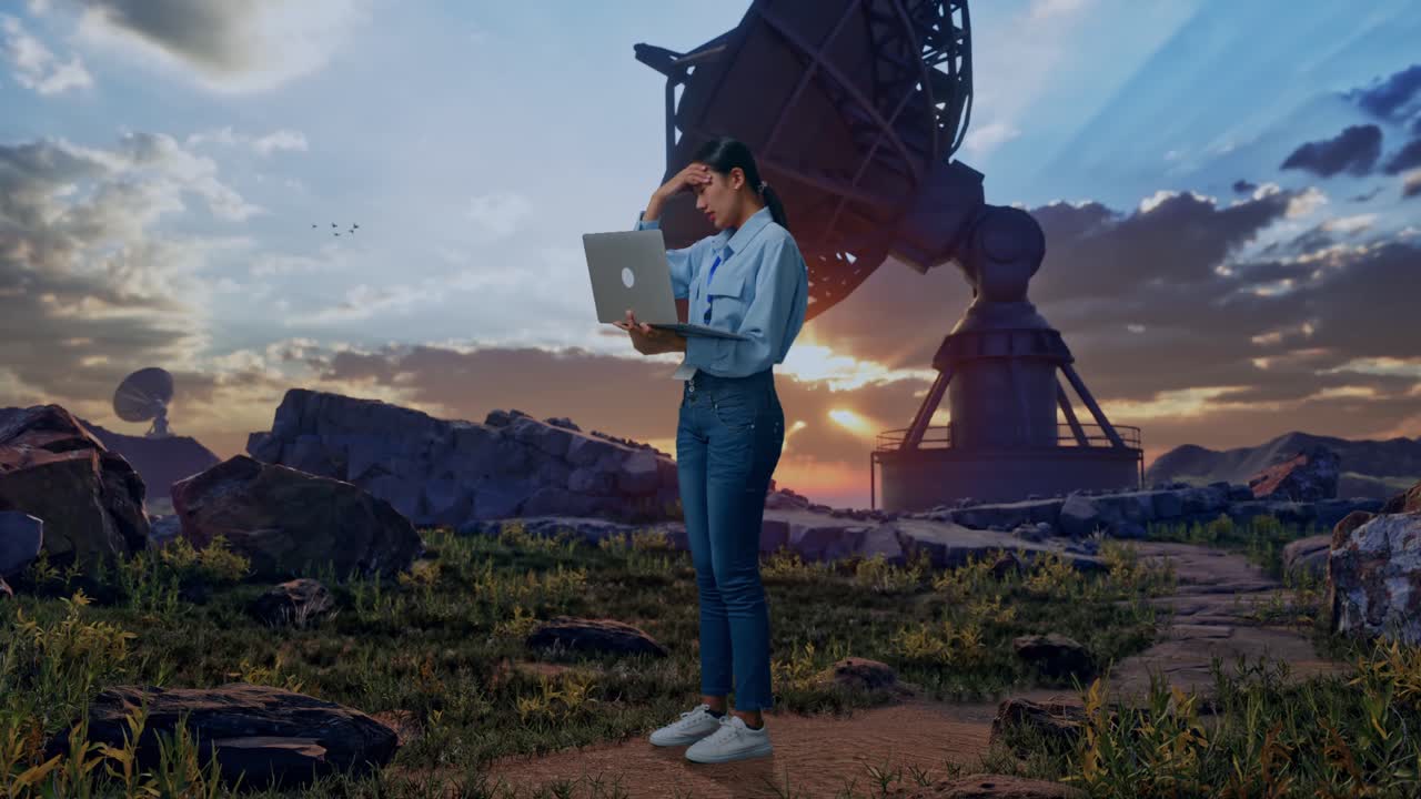 Full Body Side View Of An Asian Female Professional Worker Standing With Her Laptop With Large Satellite Dish, Typing And Dissapionted With Nodding Her Shead