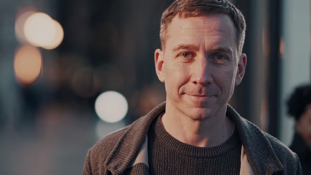 amigable hombre de pie en un entorno nocturno urbano, lanzando una sonrisa cálida mientras mira directamente a la cámara con luces borrosas de la ciudad creando una suave atmósfera de fondo