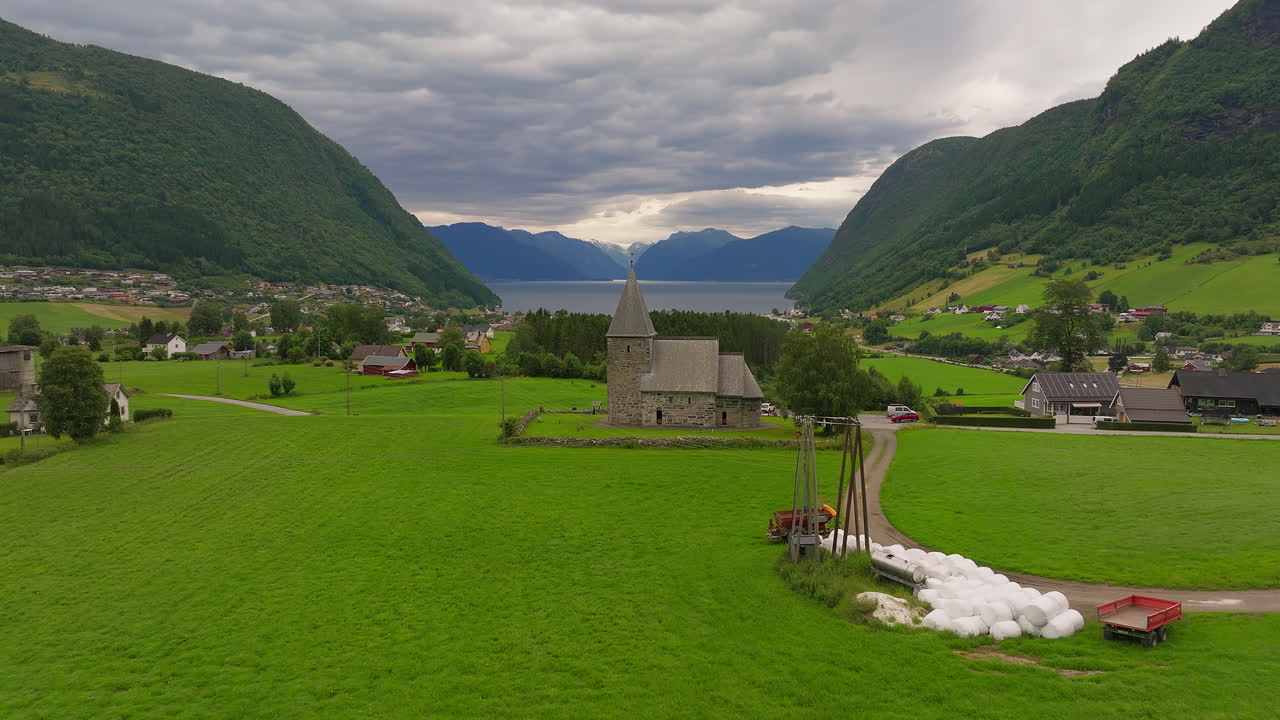 Historic parish stone Hove Church in Vik&oslash;yri on Arnafjord, Norway