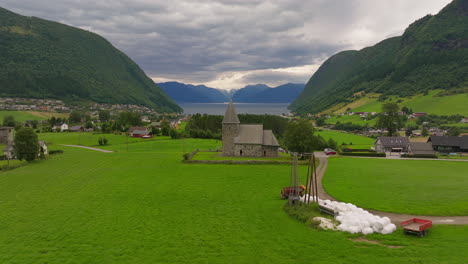 historic parish stone hove church in vikøyri on arnafjord, norway