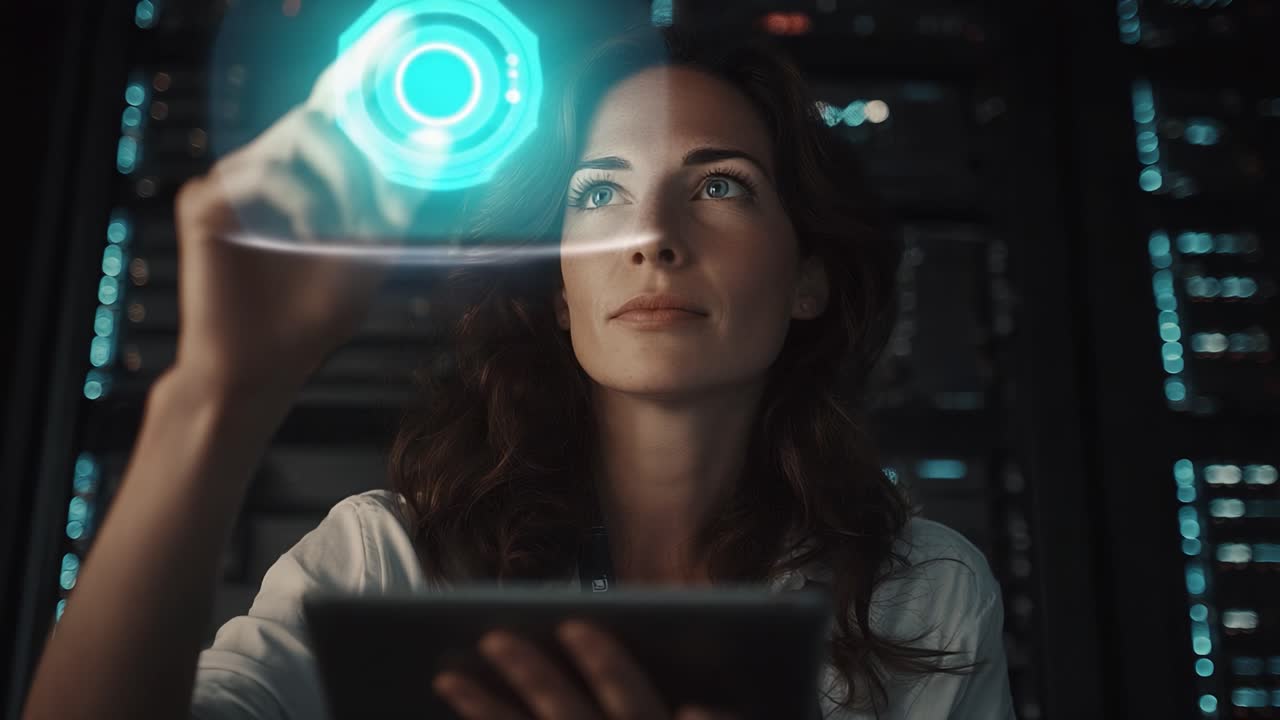 Un técnico cualificado realizando manipulación avanzada de datos utilizando una interfaz holográfica de alta tecnología en un entorno moderno de sala de servidores