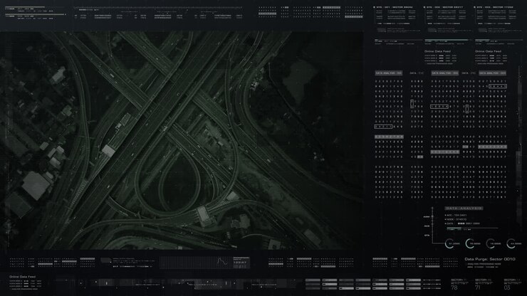 Futuristic HUD satellite view of traffic surveillance on a busy expressway junctions tracking and monitoring highway traffic for possible target vehicle