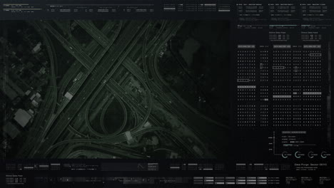 futuristic hud satellite view of traffic surveillance on a busy expressway junctions tracking and monitoring highway traffic for possible target vehicle