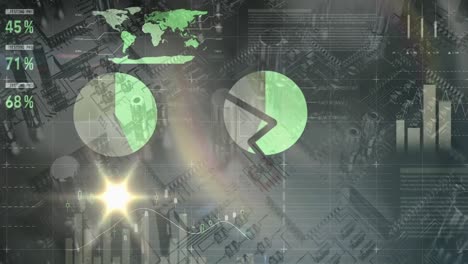Animation-of-statistical-data-processing-and-light-spot-against-close-up-of-a-circuit-board