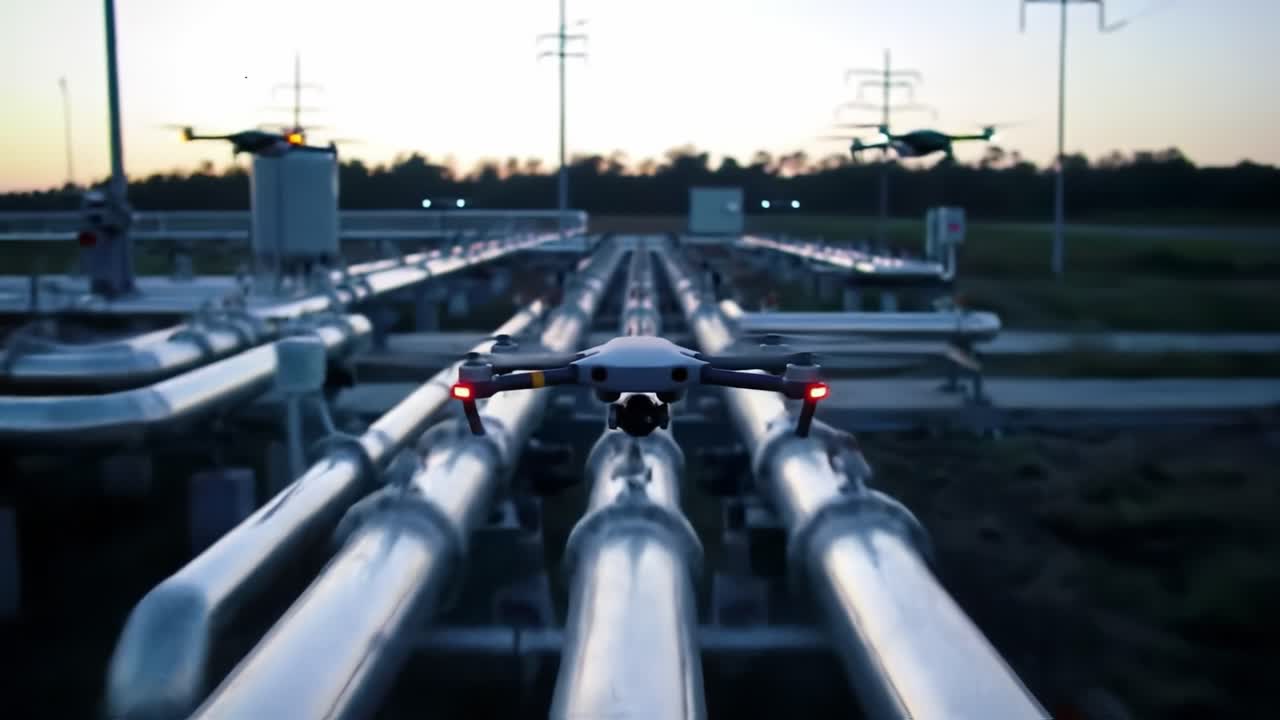 Aerial Inspection: Drone Navigating Industrial Pipelines During Dusk Providing Insight into Infrastructure Maintenance and Monitoring
