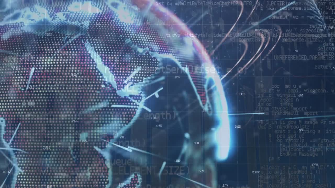 animación de gráficos y datos financieros sobre un globo giratorio en pantalla azul