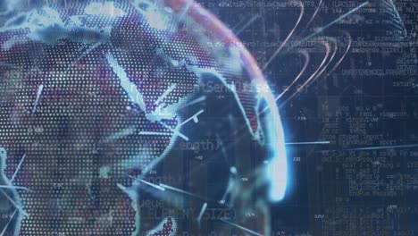 animation of graphs and financial data over rotating globe on blue screen
