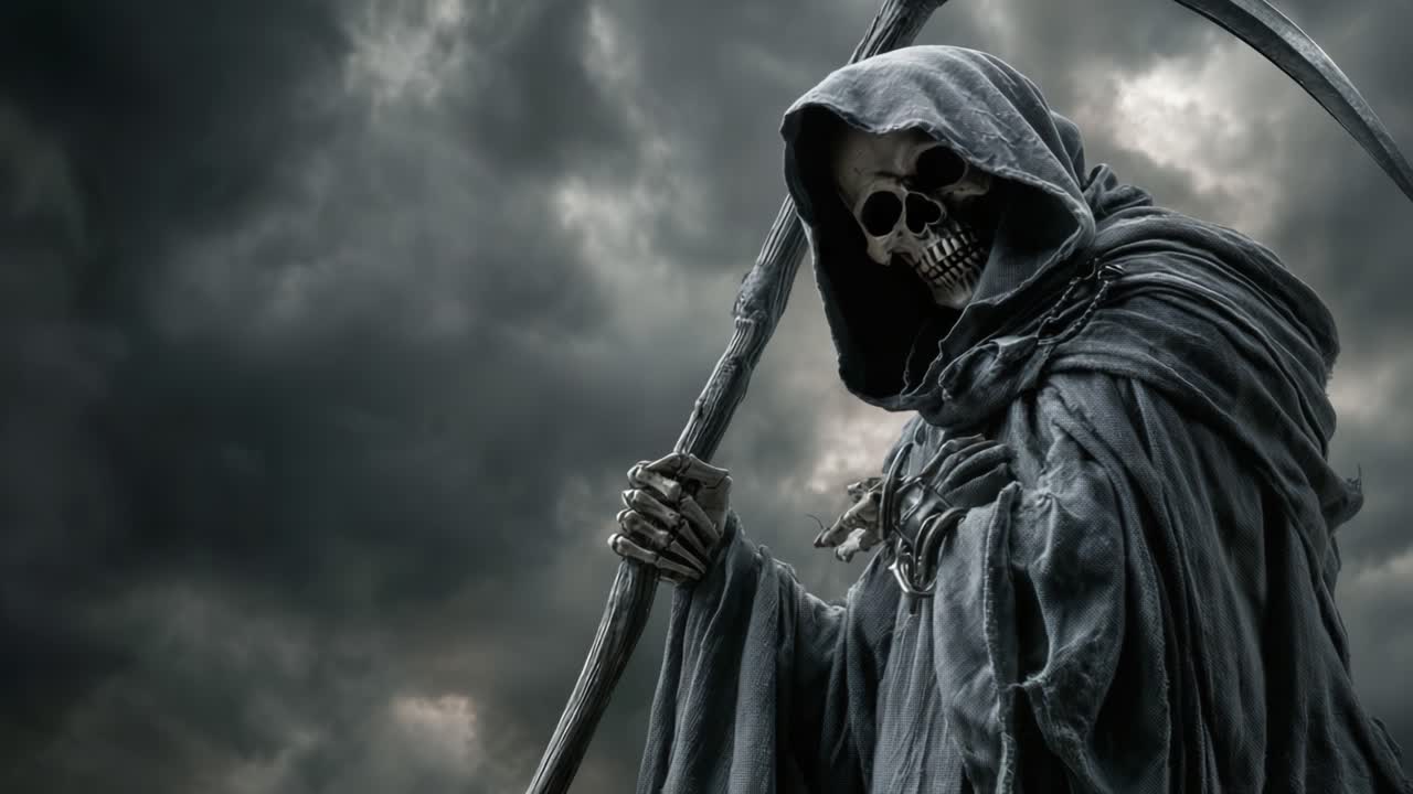 En dyster figur klädd i mörker: Den ikoniska skildringen av Döden med en lie står mot en stormig himmel och utstrålar en aura av mystik och olycksbådande föraningar