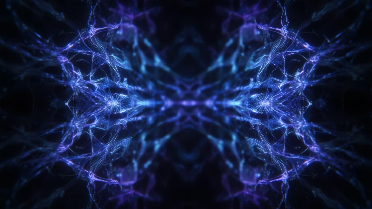 Mesmerizing Abstract Blue and Purple Neural Network Visualization, Showcasing Intricate Patterns and Bright Light Emissions Against a Dark Background for a High-Tech Atmosphere