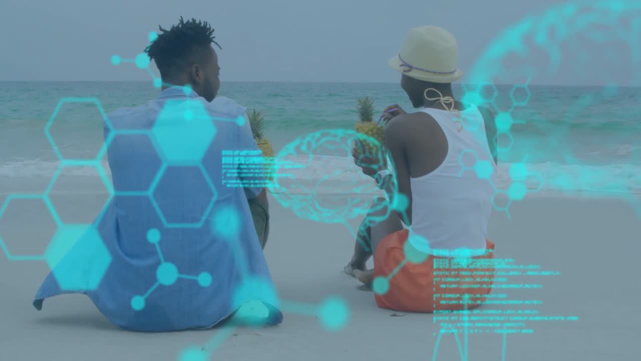 Scientific data processing animation over two people sitting on beach