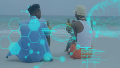 Scientific-data-processing-animation-over-two-people-sitting-on-beach