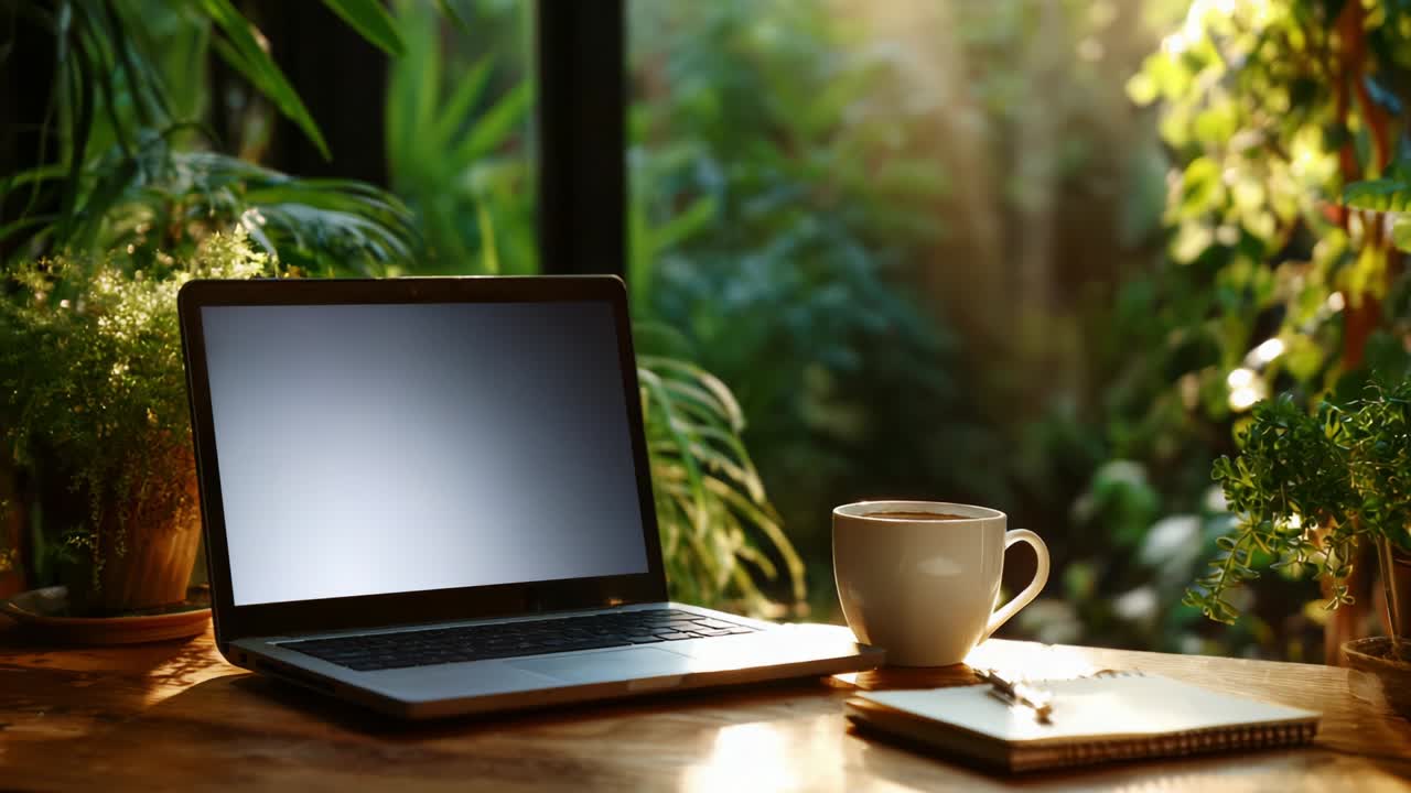 A tranquil workspace setup featuring a laptop, a steaming cup of coffee, and a notepad surrounded by lush greenery and soft natural lighting, perfect for relaxation and creativity