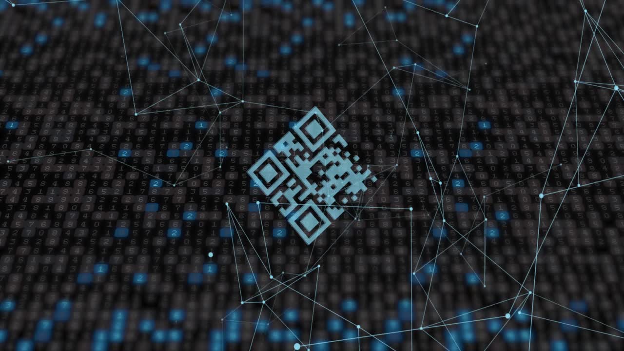 Animation of network of connections and qr code with icons over dark background