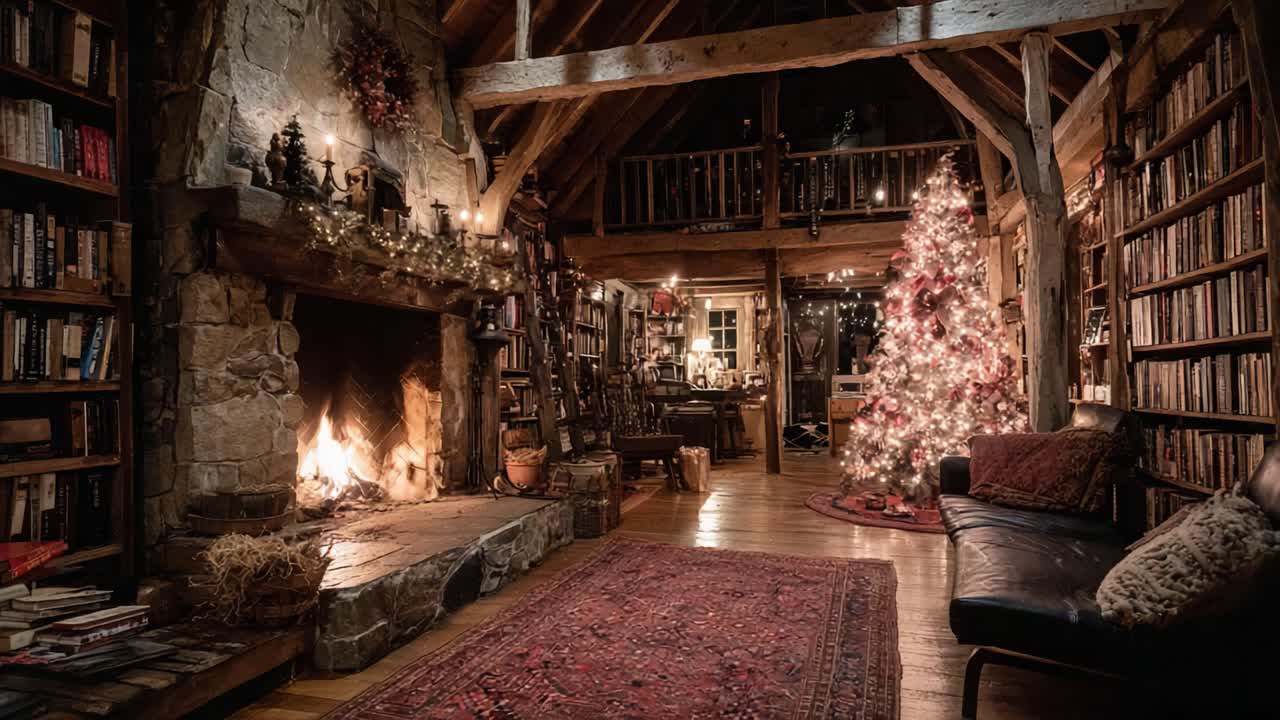 A Cozy Holiday Retreat: A Warmly Decorated Living Room with a Majestic Christmas Tree, Elegant Fireplace, and Inviting Atmosphere for Festive Gatherings