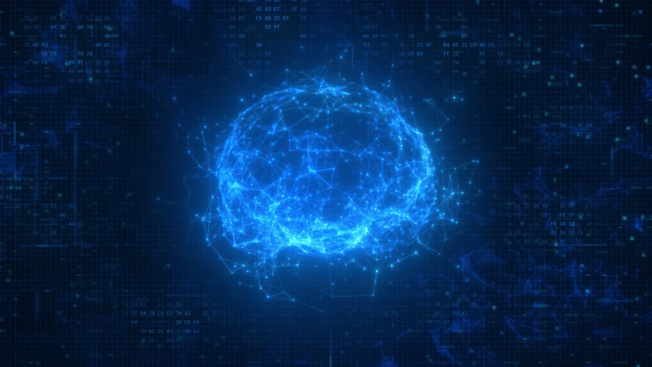 Rotating Futuristic Plexus Brain with Glowing Effects on Digital Data Background