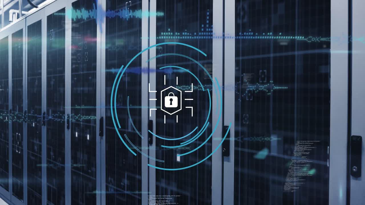 Animation of security padlock icon over round scanner and data processing against server room