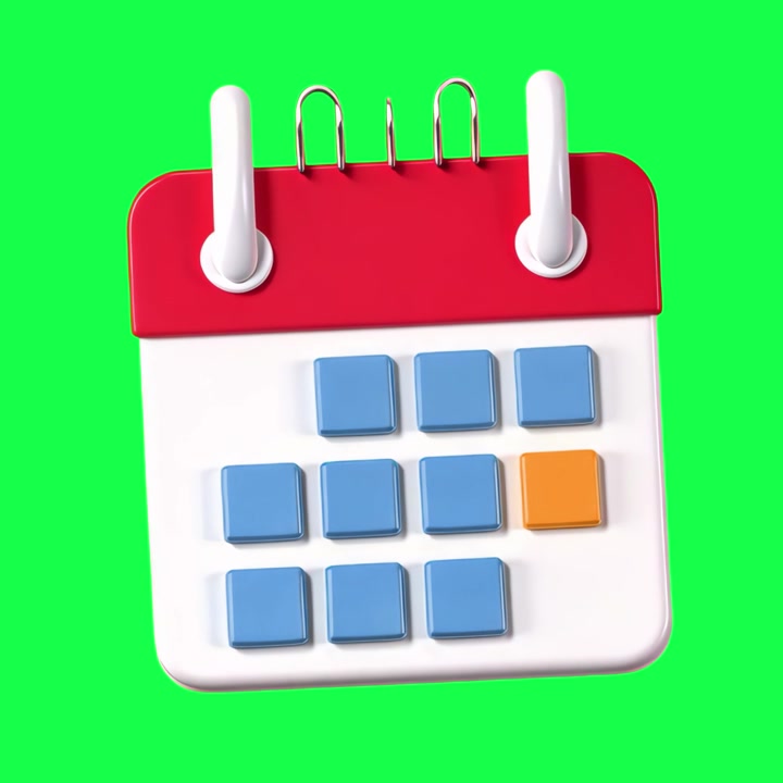 Icona di calendario renderizzata in 3D che ruota su schermo verde