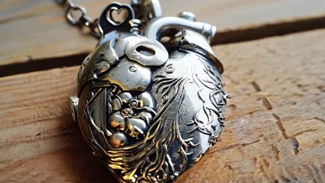 una cerradura en forma de corazón de plata en una mesa de madera