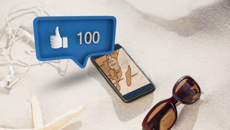 auriculares, anteojos, y un teléfono con icono y números para redes sociales 4k