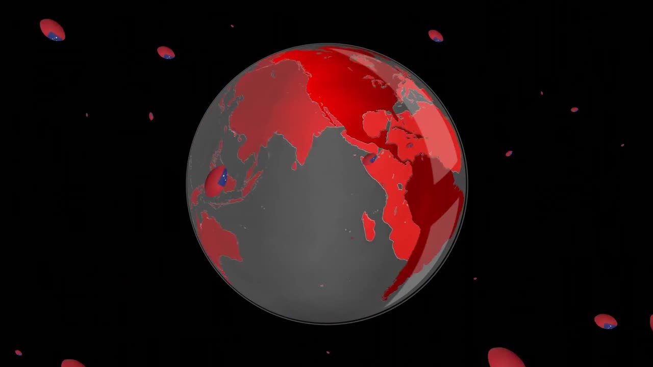 검은색 바탕에 있는 지구상에 사모아의  ⁇ 발이 그려진 럭비 공의 애니메이션