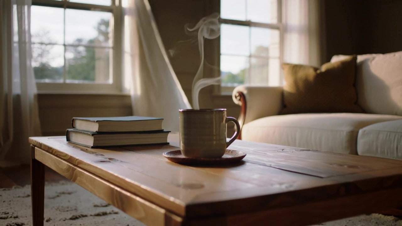 Steaming ceramic mug sending curling steam, breeze lifting curtain in living room, stacked books