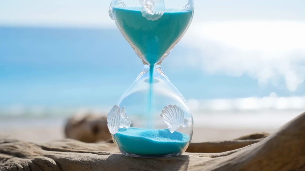 A time-lapse of a serene beach scene where an hourglass fills with blue sand, capturing the passage of time in a natural and clean setting, modern design resources and web banners.