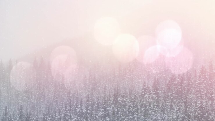 Snow-covered forest with bokeh lights twinkling