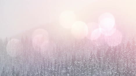 snow-covered forest with bokeh lights twinkling