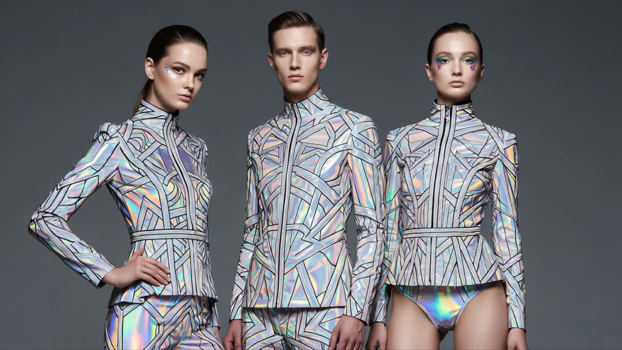 Futuristic Fashion Showcase with Models in Holographic Attire Featuring Intricate Geometric Patterns and Bold Makeup, Capturing the Essence of Modern Style and Innovation