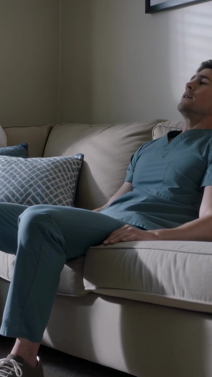 Video verticale: Uomo che espira in camice verde acqua, sdraiato su un divano beige in sala relax dopo il turno, con le tapparelle