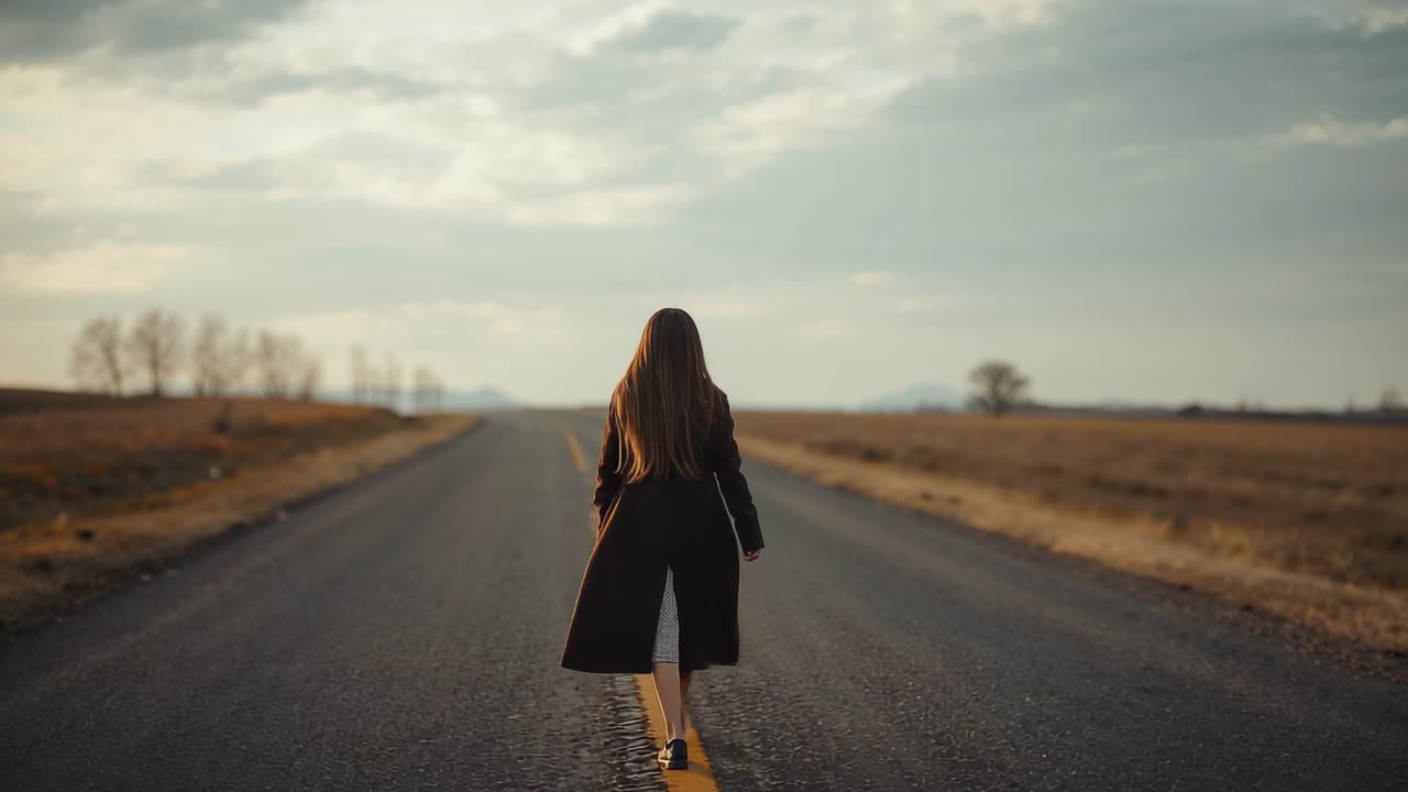 Panoramica della camera dietro a una donna con un lungo cappotto scuro che cammina lungo la linea centrale di una strada rurale, con il cappotto che oscilla