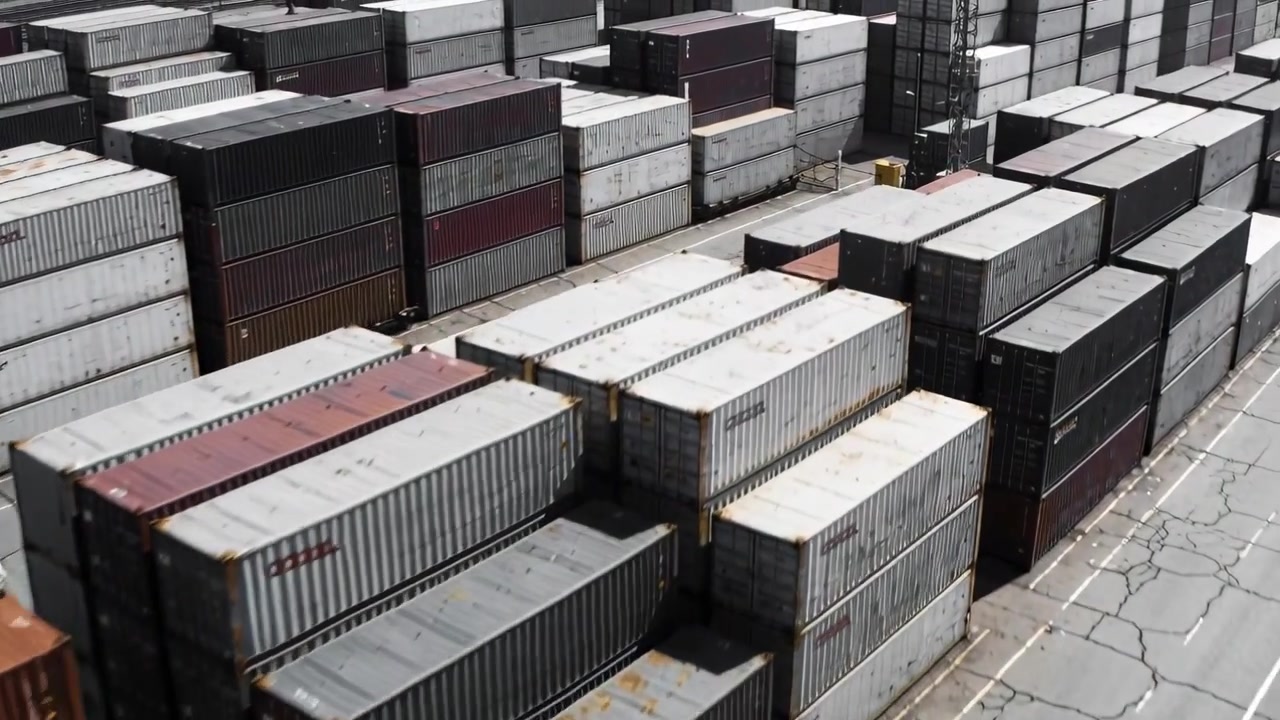 Panning camera surveying stacked containers on cracked pavement, revealing gantry, yellow handler