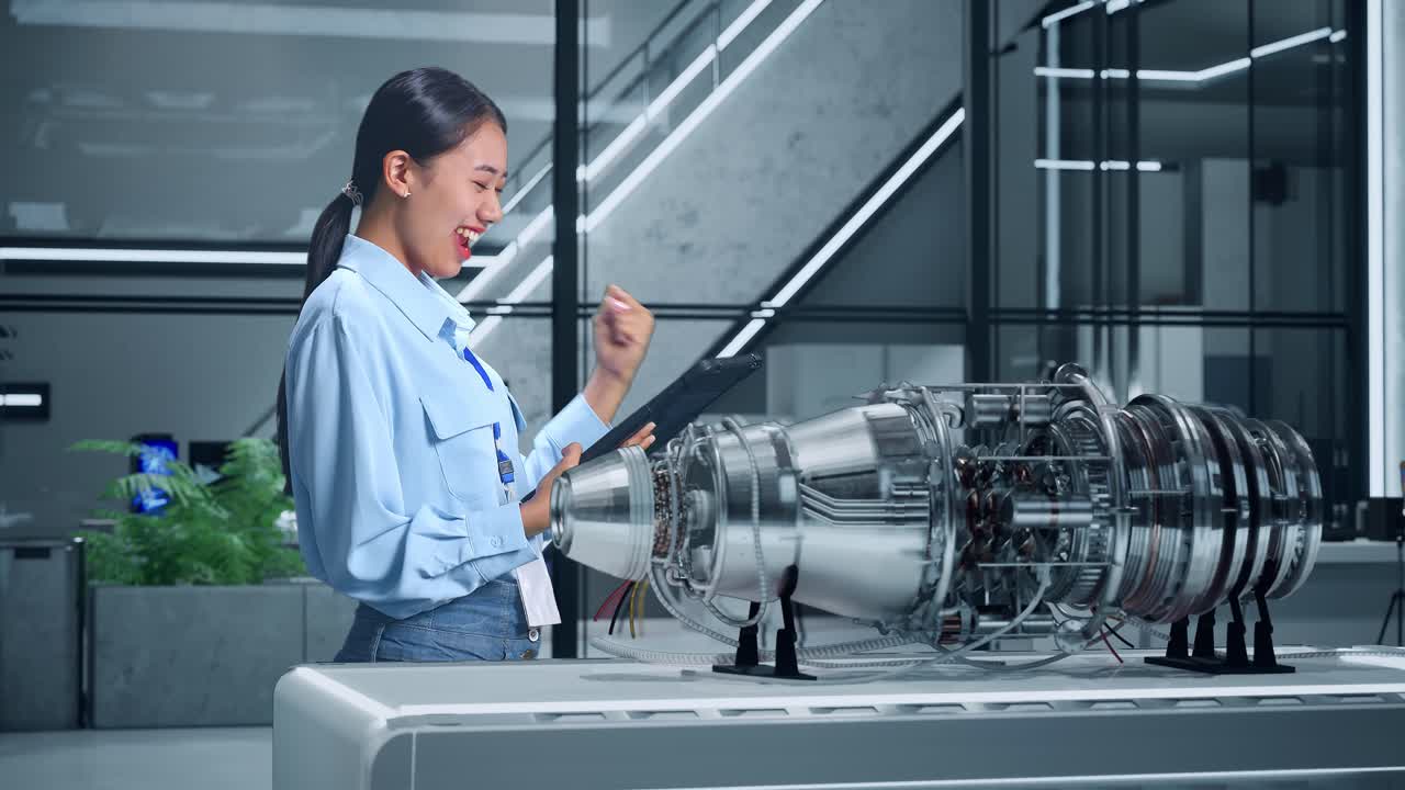 제트 엔진 프로토타입 을 조사 하는 흥분 한 엔지니어