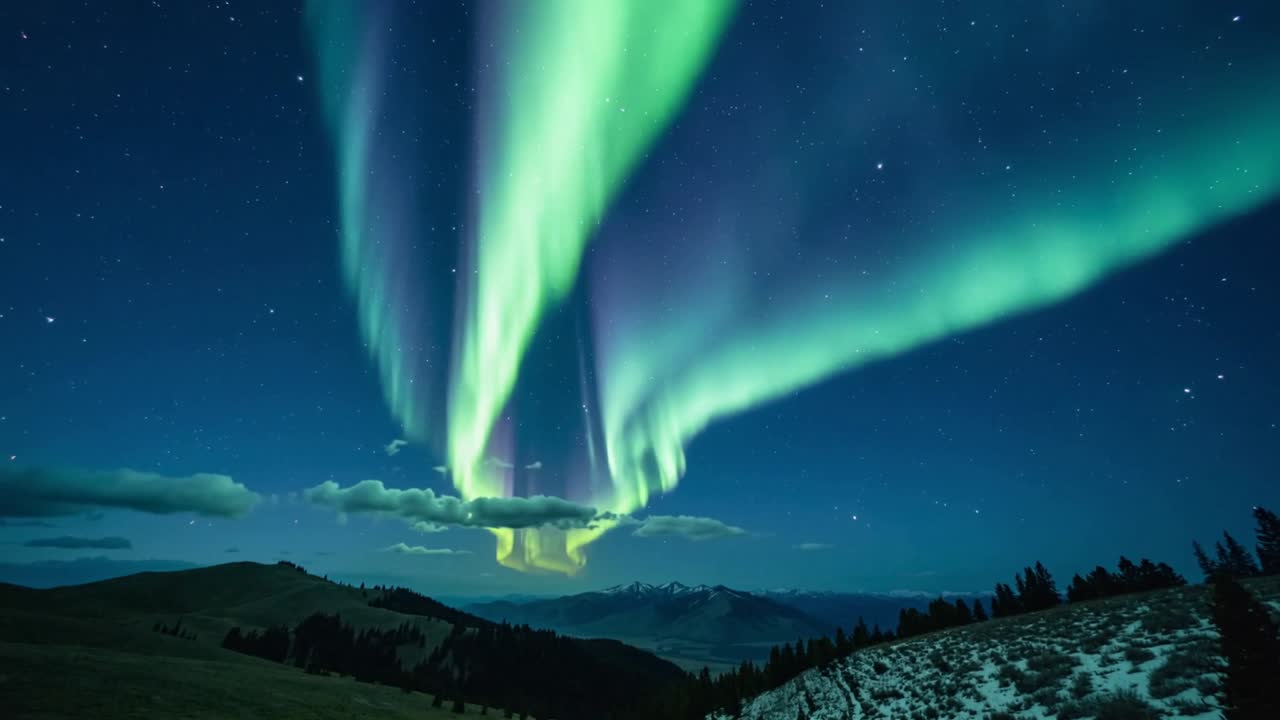 Aurora boreale in ascesa che forma nastri verdi e viola sopra una cresta di notte, con un banco di nuvole e stelle.