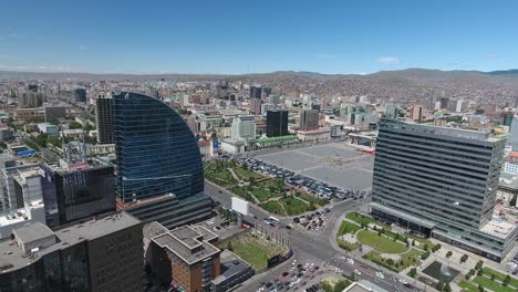 Luftdrohnenaufnahme-Am-Sonnigen-Nachmittag-In-Der-Nähe-Des-Sukhbaatar-Platzes.-Gebäude-Mongolei