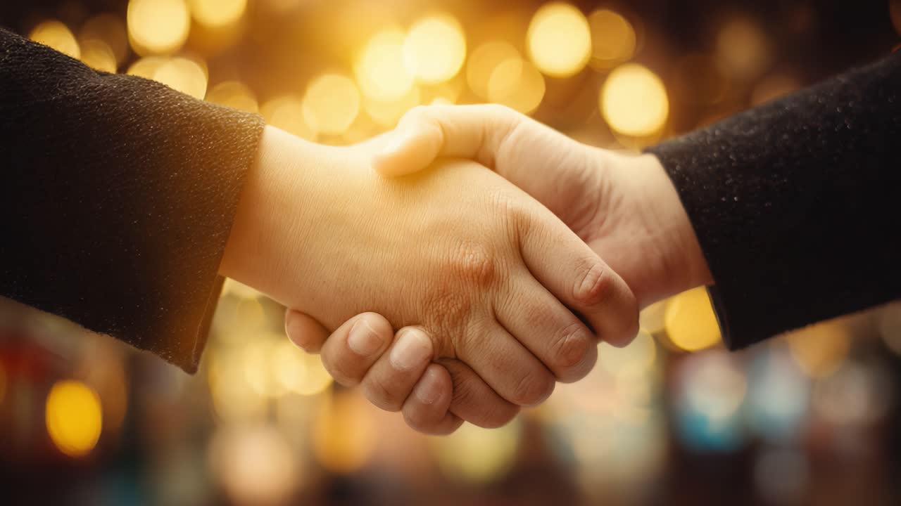 Capturing the Moment of Connection: Two Hands Engaging in a Firm Handshake Against a Warm, Blurred Background of Glowing Lights