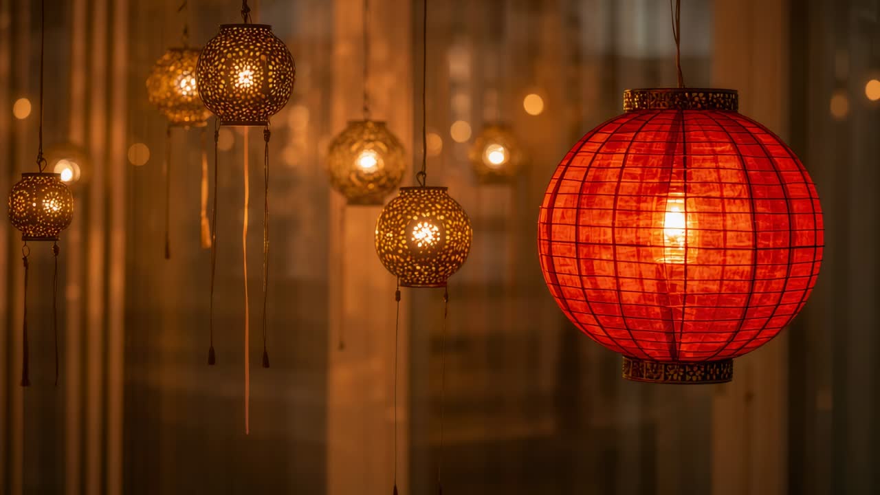 Glowing red paper lantern anchoring right window, air causing metal lamps swaying, copy space