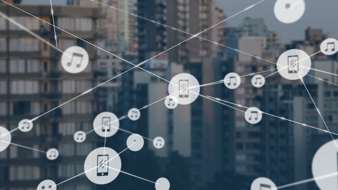 Technology network floating above urban skyline, linking smartphone nodes with music note symbols