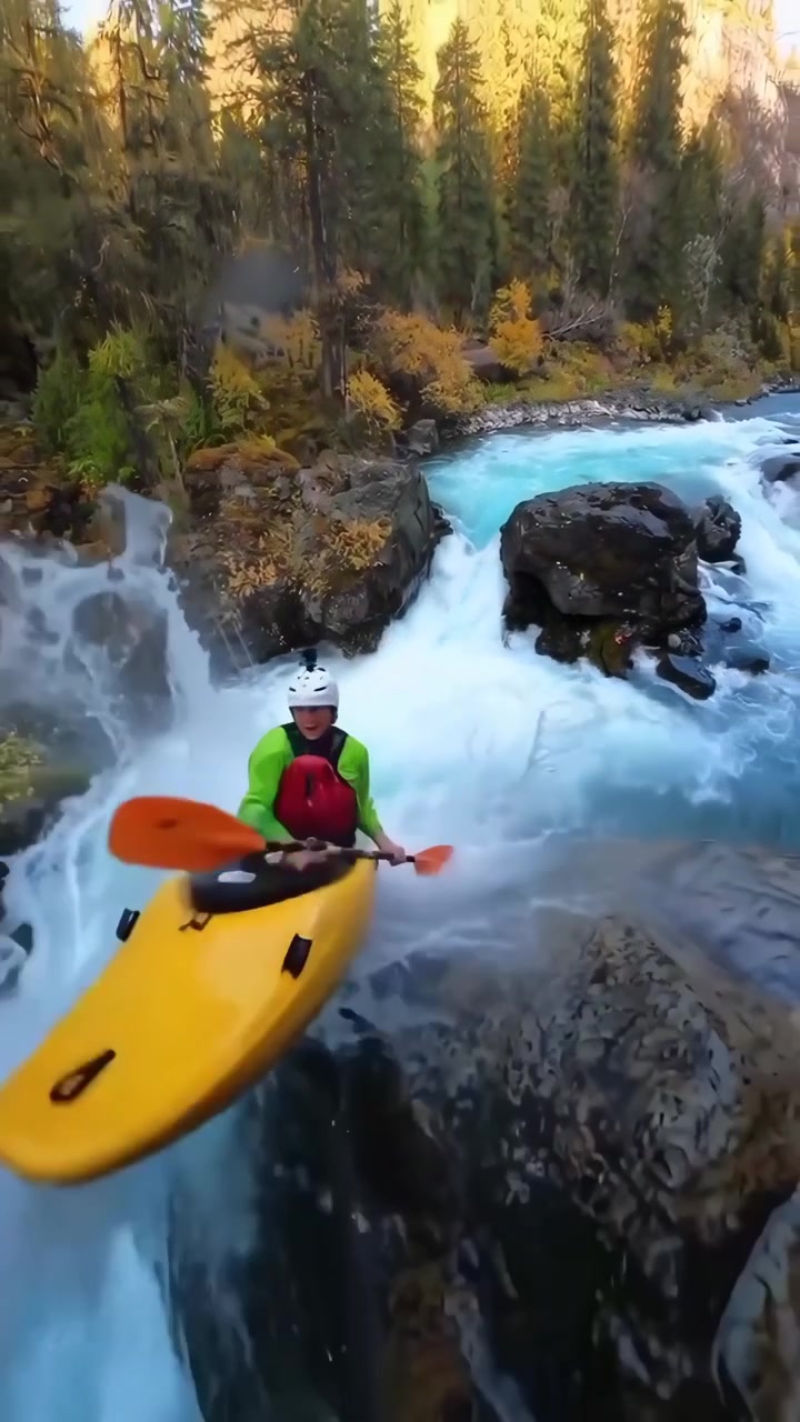 Kayaker avventuroso che scende una potente cascata fluviale