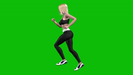 3D-Sportlerin-Im-Sportoutfit,-Eng-Anliegende-Schwarze-Sportbekleidung,-Läuft-Auf-Grünem-Bildschirm,-3D-Loop-Animation,-Seitenansicht