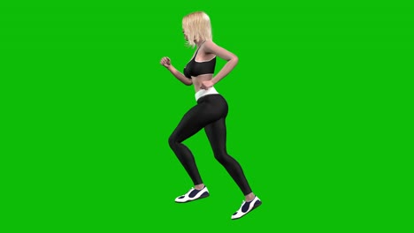 atleta femenina en 3d con traje deportivo, ropa deportiva negra ajustada, corriendo en pantalla verde, animación en bucle en 3d, vista lateral