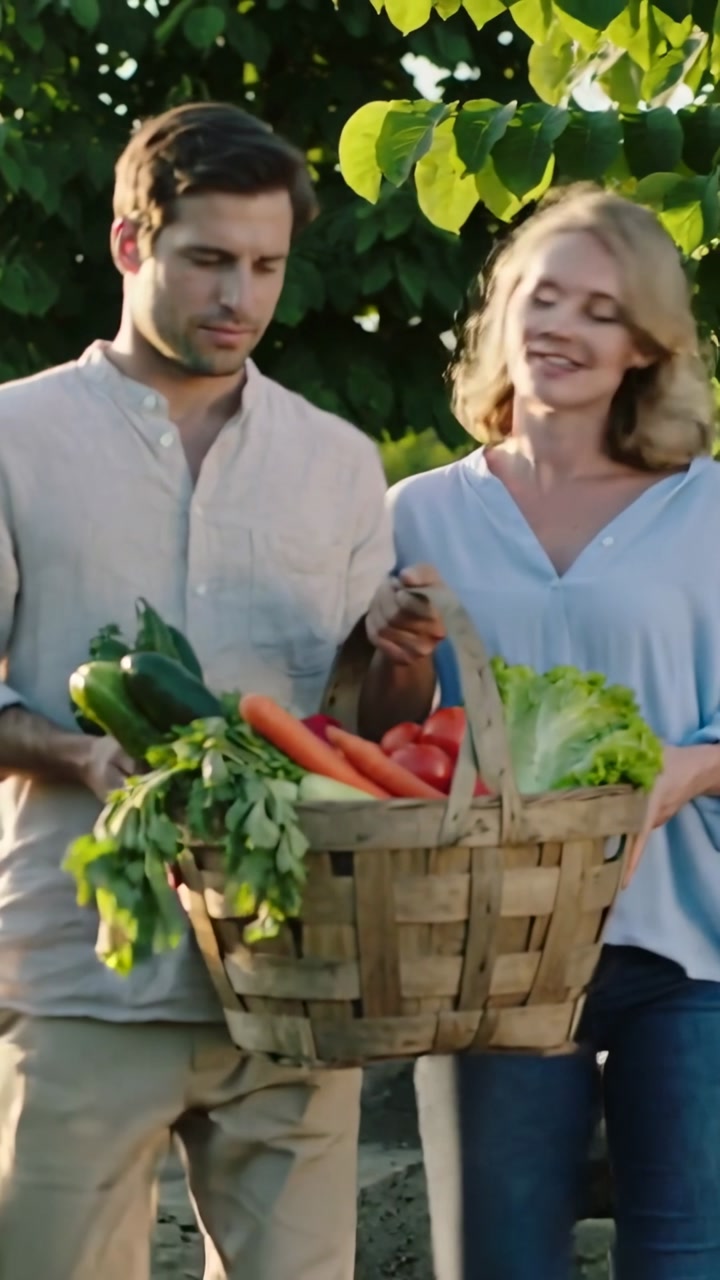Vertical video: Carrying couple after harvest walking garden in casual wear, holding carrot basket