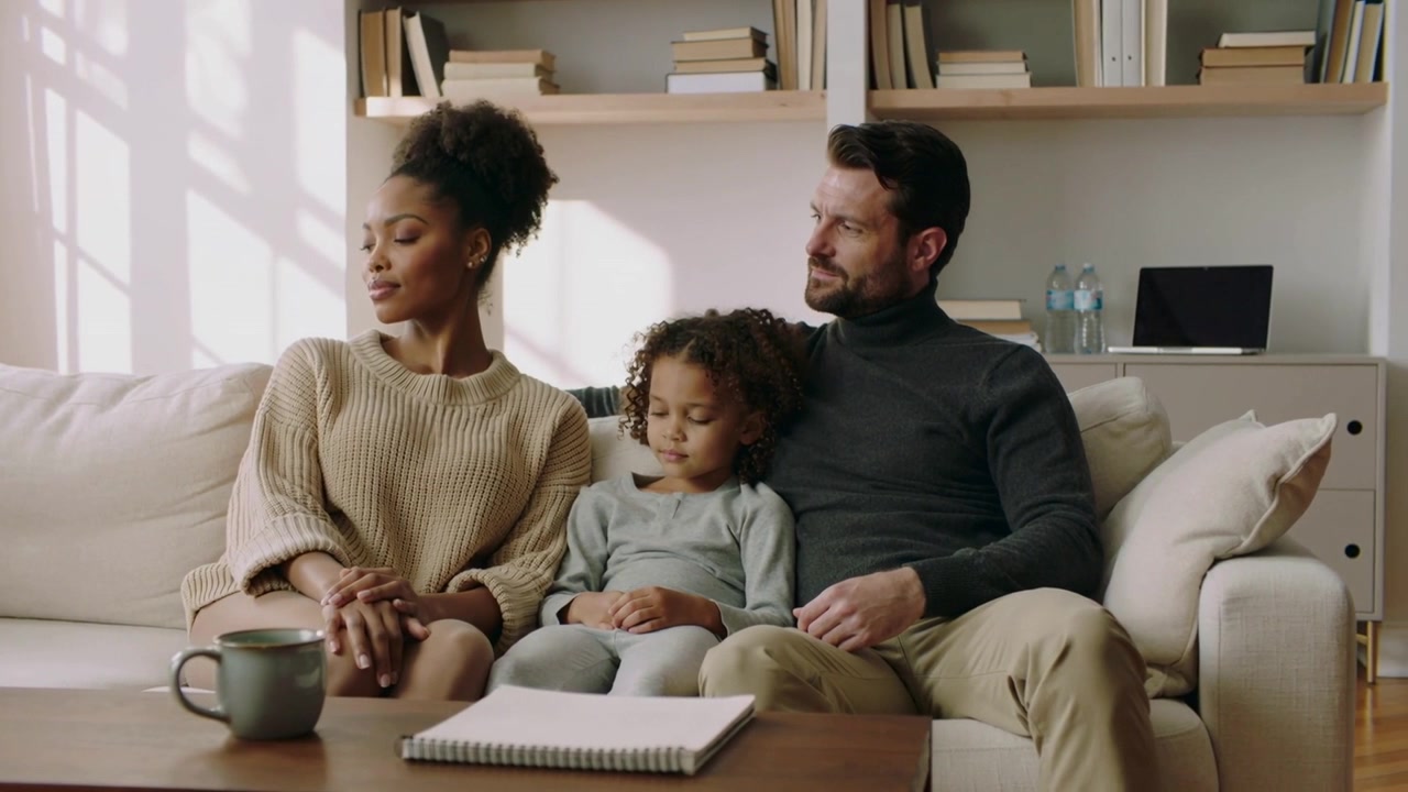 Luce del sole che filtra, famiglia sul divano di casa, madre che sposta lo sguardo a sinistra, padre che protegge la tazza del bambino.