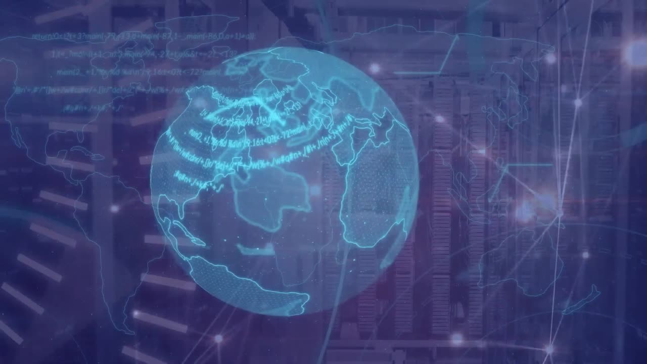 지구의 애니메이션과 컴퓨터 서버를 통한 데이터 처리