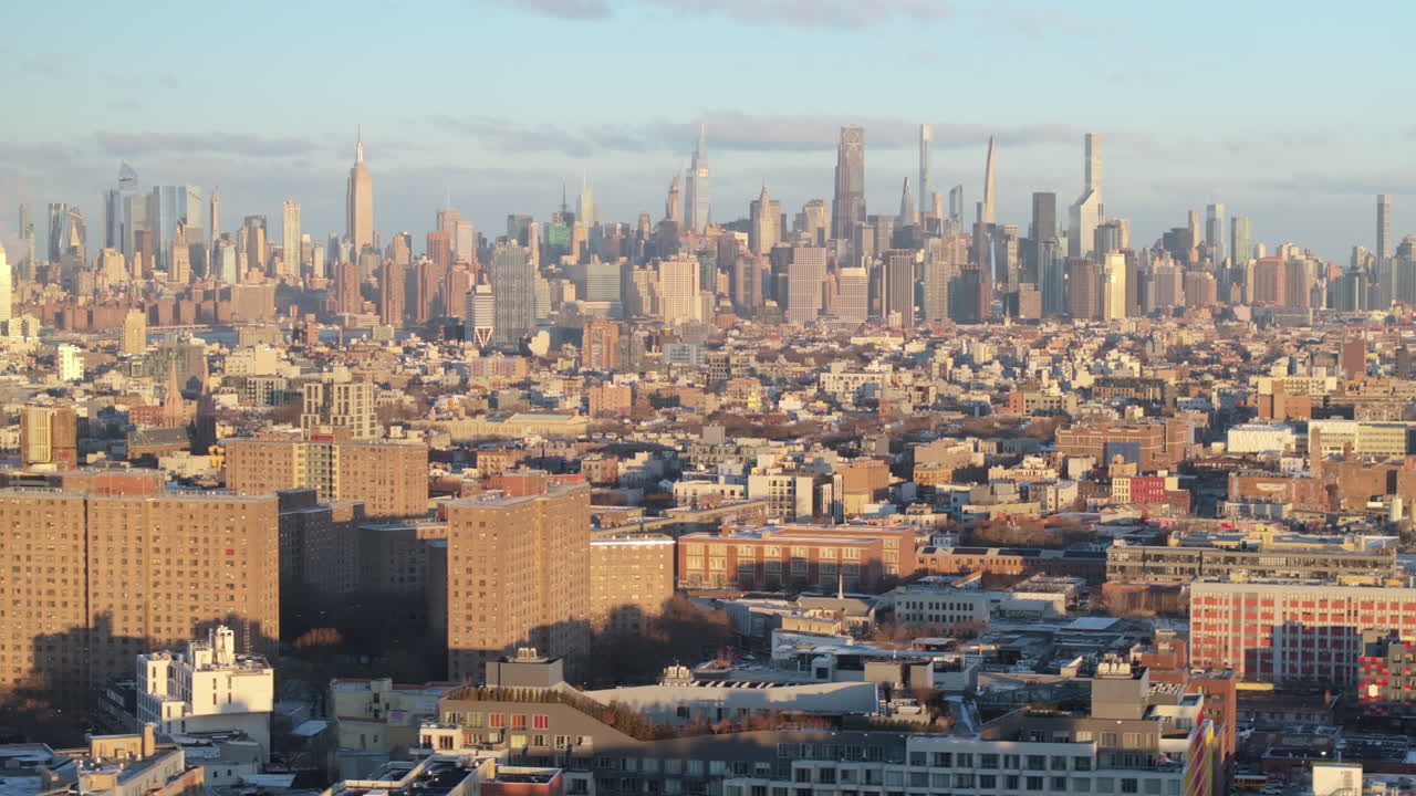 Aerial view of New York City on a winter morning. Shot in Brooklyn