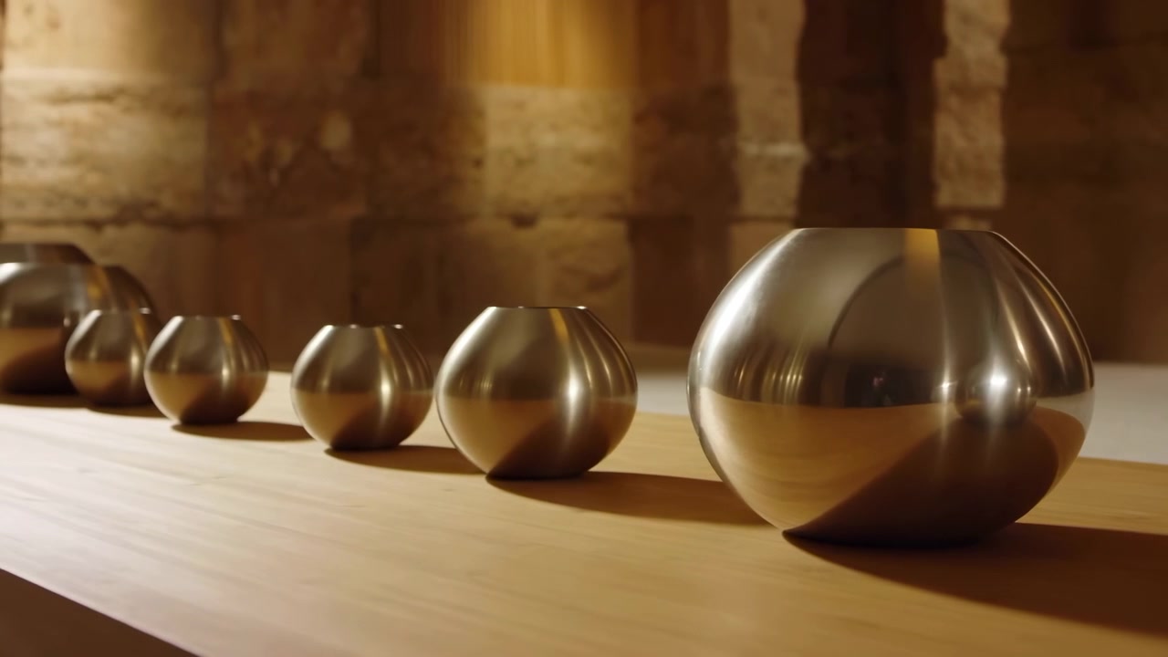 Grande esfera de metal brilhante em primeiro plano com objetos esféricos menores dispostos sobre uma superfície de madeira dentro de um cômodo rústico com paredes de pedra e luz suave