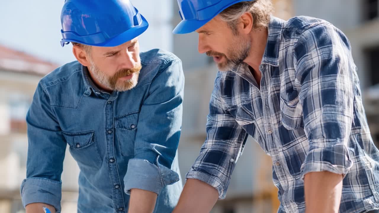 Two Construction Workers Collaborating on Project Plans at a Worksite Under Bright Sunlight, Focused on Measurements and Structural Details