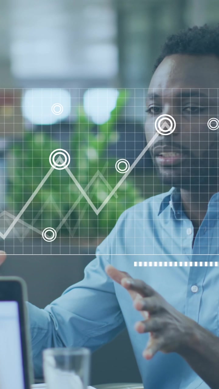 Animation of financial data processing over diverse business people in office