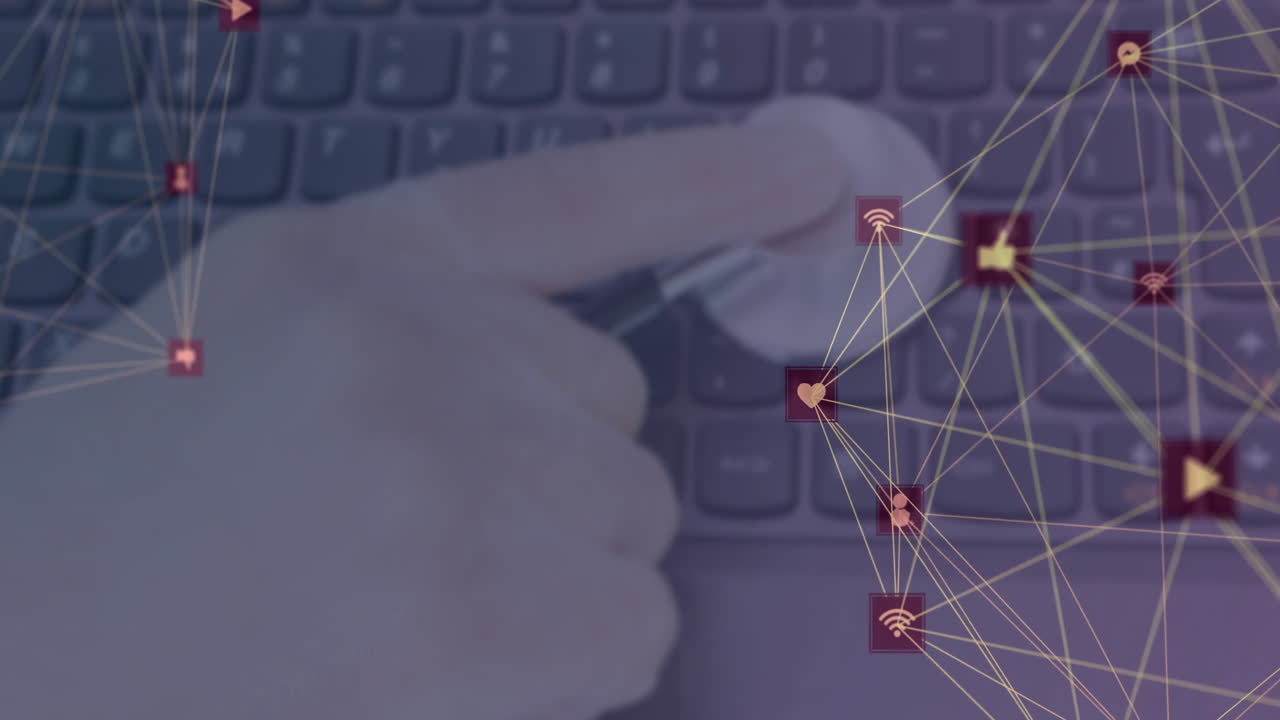Animation of network of connections with icons over hand pressing stethoscope on keyboard