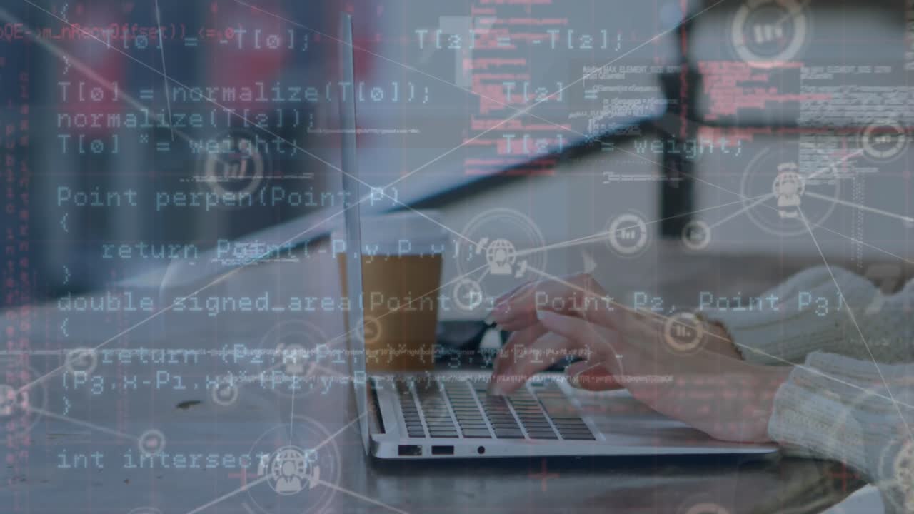 animación de la red de iconos digitales y procesamiento de datos contra la sección media de la mujer usando portátil